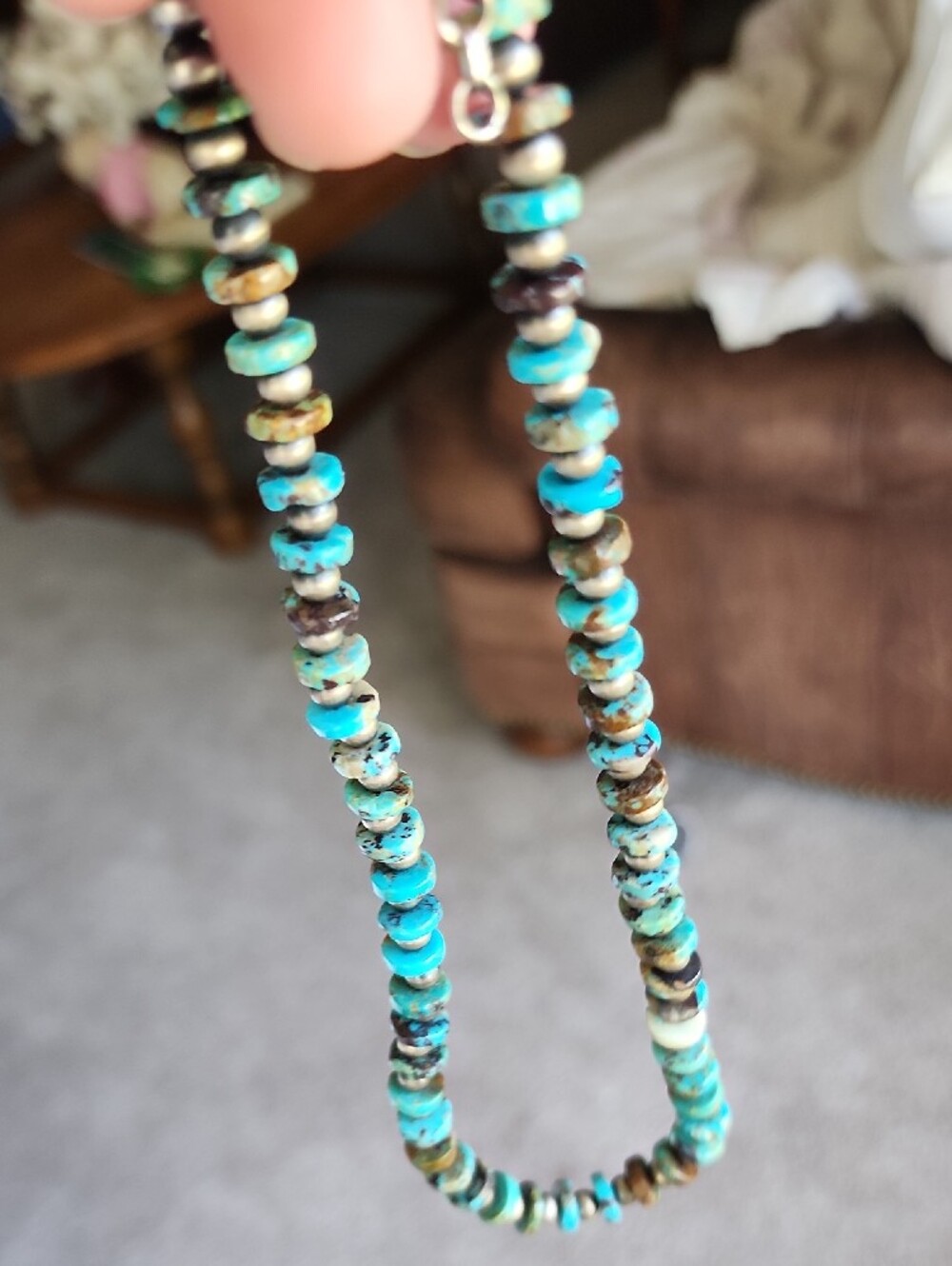 Authentic Turquoise And Desert Pearl Silver Bead Necklace - Women's Jewelry - Picture 2 of 5